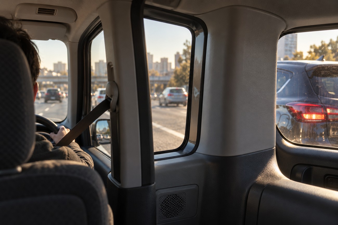 Interior view from the backseat of a Nissan Cube showing the unique asymmetrical rear window frame and city traffic outside