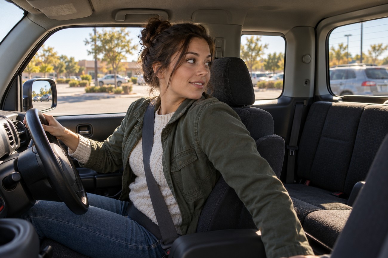 A woman sitting in the driver seat of a Nissan Cube and turning back to look through the window