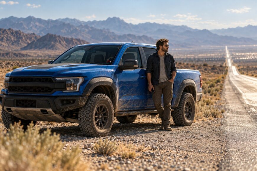 A man leaning against a blue Ford Raptor stranded on the roadside in the Nevada desert with mountains in the background