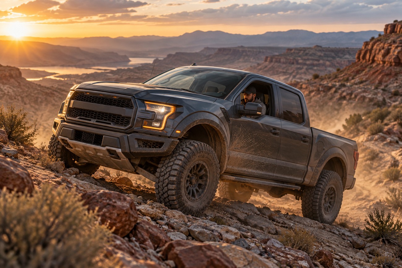 A dark Ford Raptor truck parked on a rocky desert hillside in Nevada during sunset with a driver inside