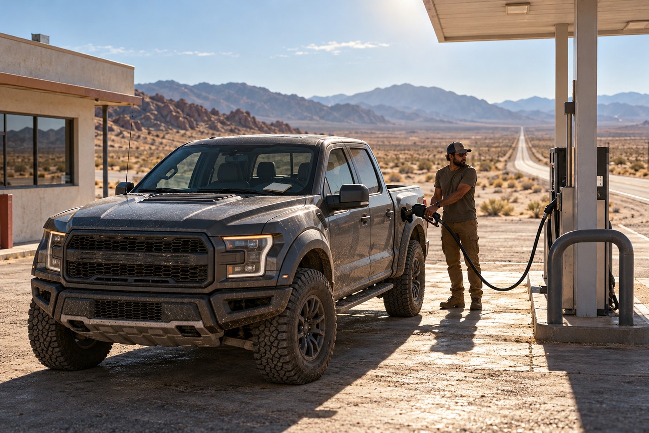 A man refueling a dusty dark Ford Raptor pickup truck at a remote desert gas station in Nevada