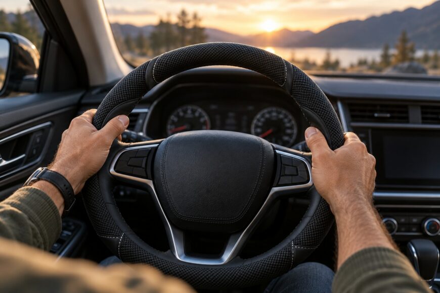 Driver holding a textured black steering wheel cover inside a car with a scenic sunset view through the windshield