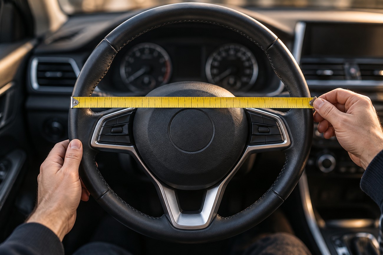 A person measuring the diameter of a black leather steering wheel with a yellow tape measure inside a car