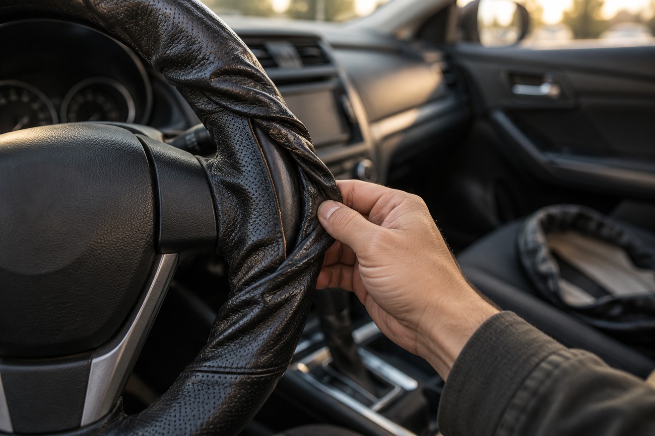 A driver installing a black leather steering wheel cover inside a modern car interior