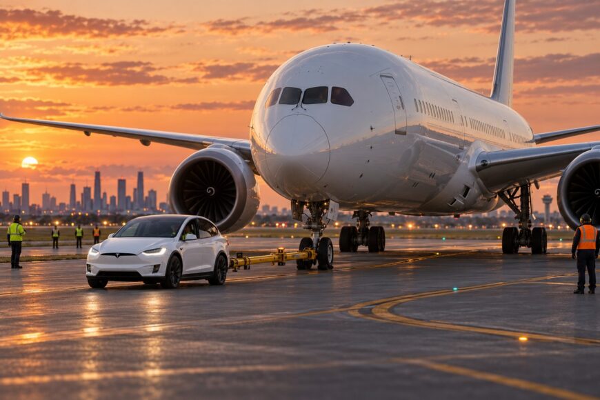 A white Tesla Model X electric SUV towing a large Boeing 787 airplane on an airport tarmac at sunset