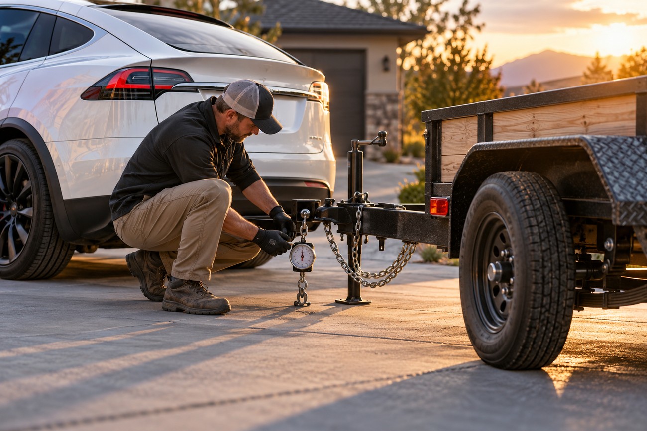 A man kneeling to attach a heavy-duty trailer hitch and weight scale to a white Tesla Model X parked in a driveway at sunset
