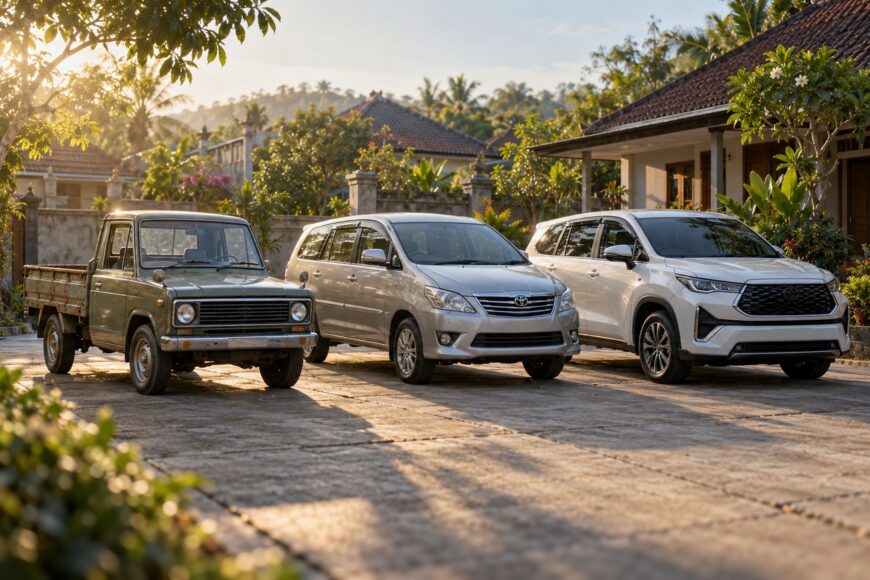 Three generations of Toyota Kijang parked in a sunny Indonesian courtyard featuring a classic green pickup and modern white MPVs