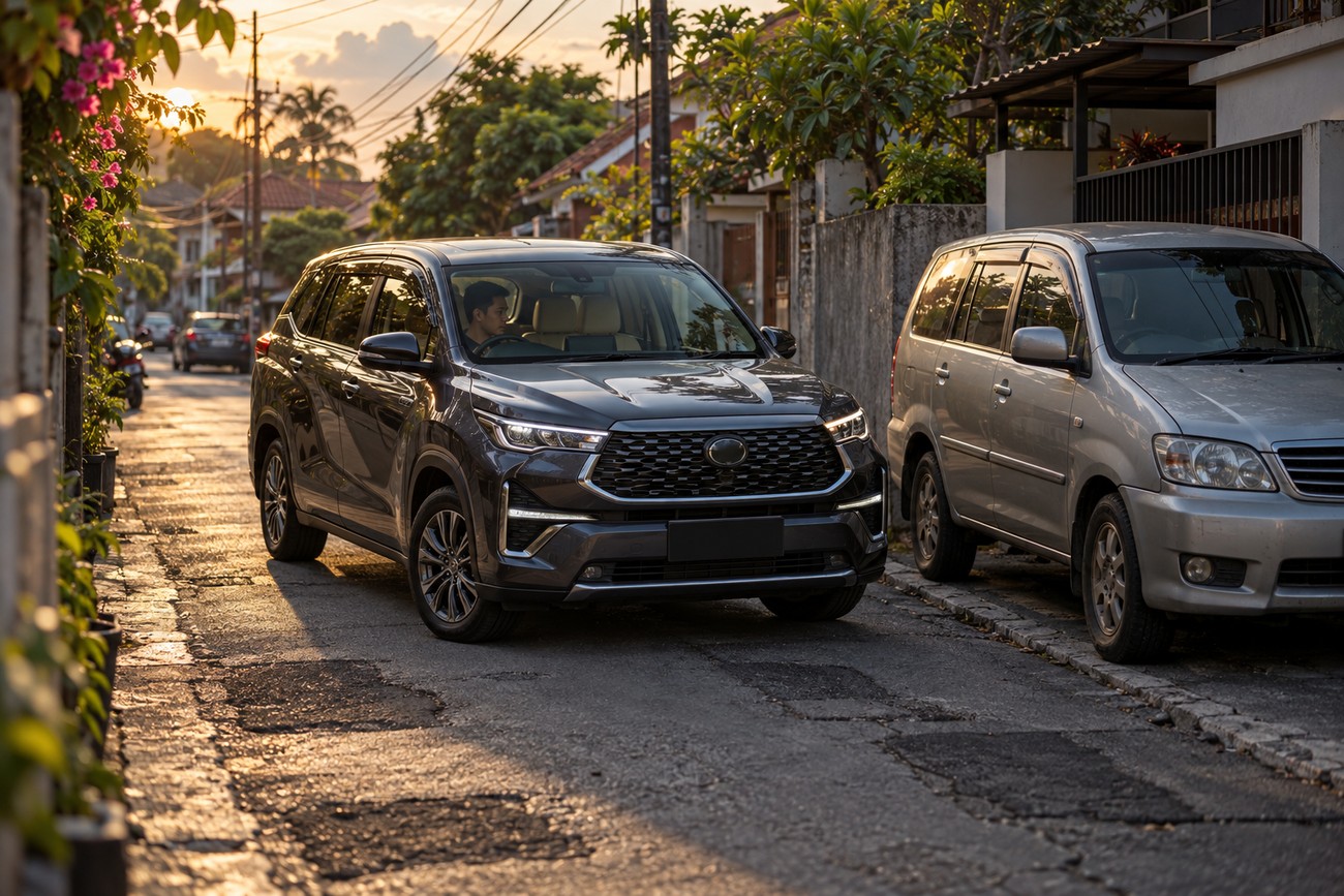 A modern dark grey Toyota Kijang parked on a narrow residential street in Indonesia during golden hour with another generation parked behind it