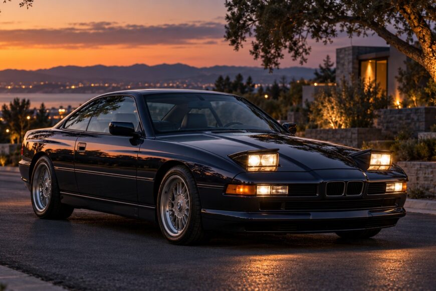 A dark blue BMW 8 Series E31 grand tourer parked on a paved road with illuminated pop-up headlights against a sunset sky and distant hills