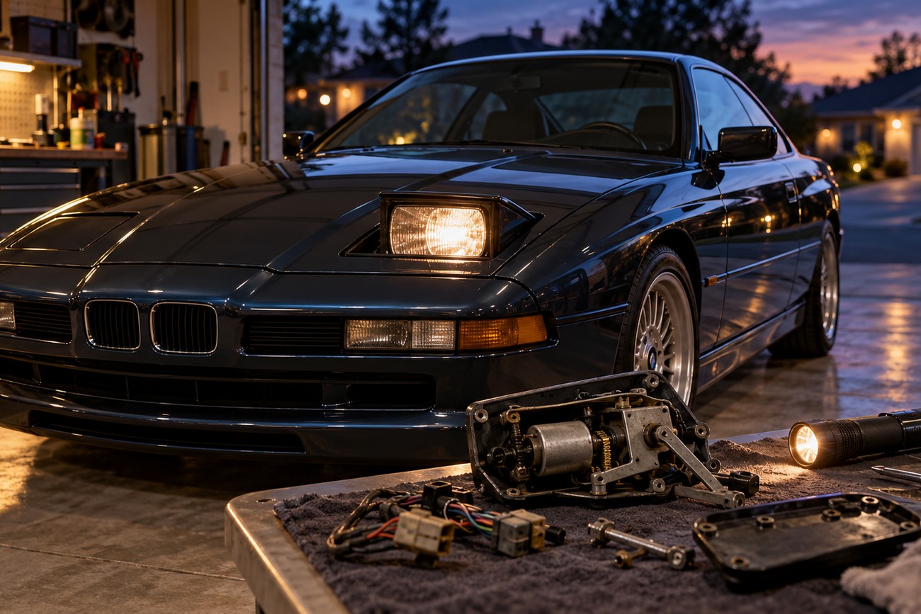 A classic dark blue BMW 8 Series E31 grand tourer parked in a garage with a disassembled pop-up headlight mechanism on a workbench in the foreground