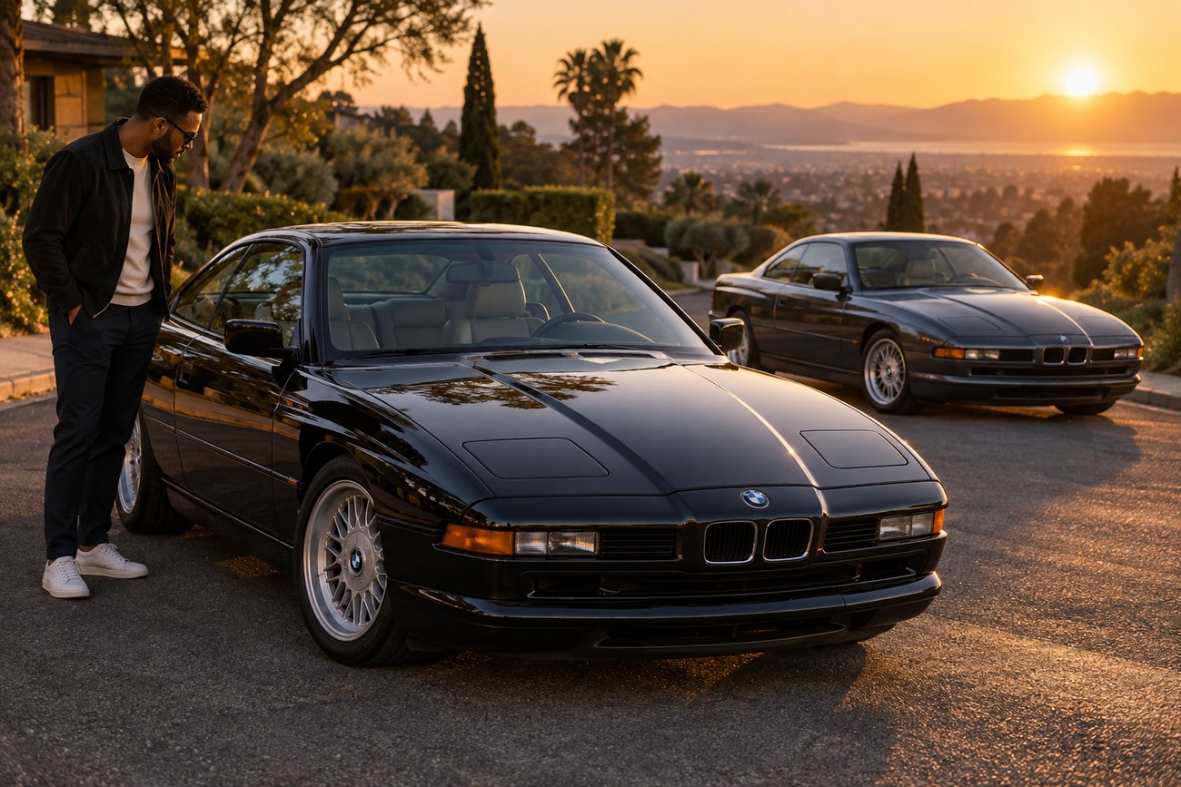 A man stands next to a classic black BMW 8 Series E31 grand tourer parked on a scenic hillside road at sunset with another car in the background