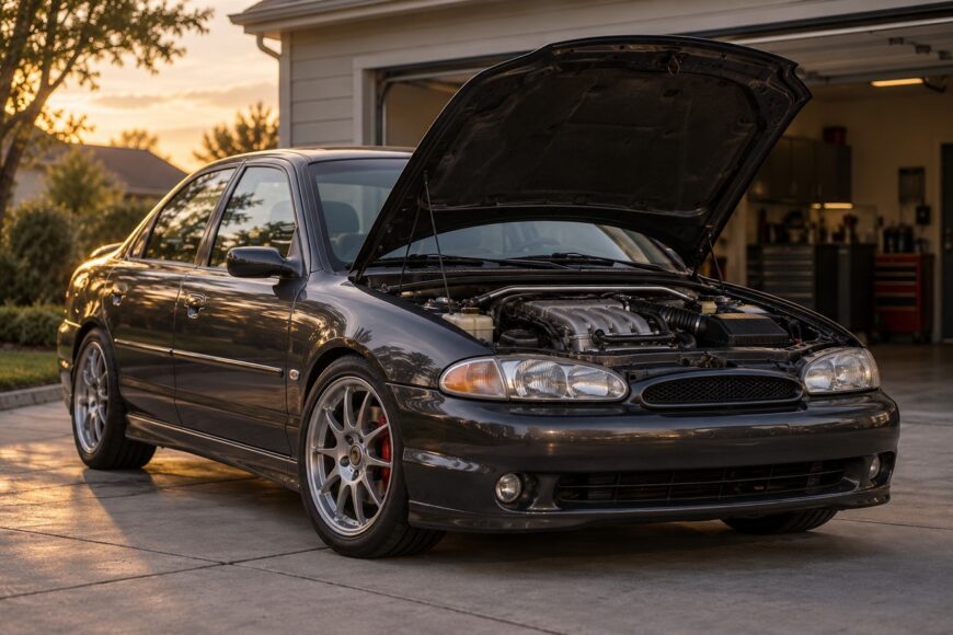 Dark gray Ford Contour SVT sedan parked in a suburban driveway with its hood open at sunset