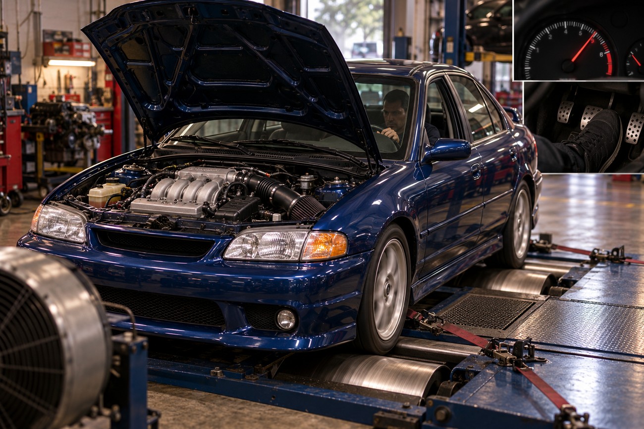 Blue Ford Contour SVT secured on a dyno rollers in a workshop with its hood open and inset views of the tachometer and accelerator pedal