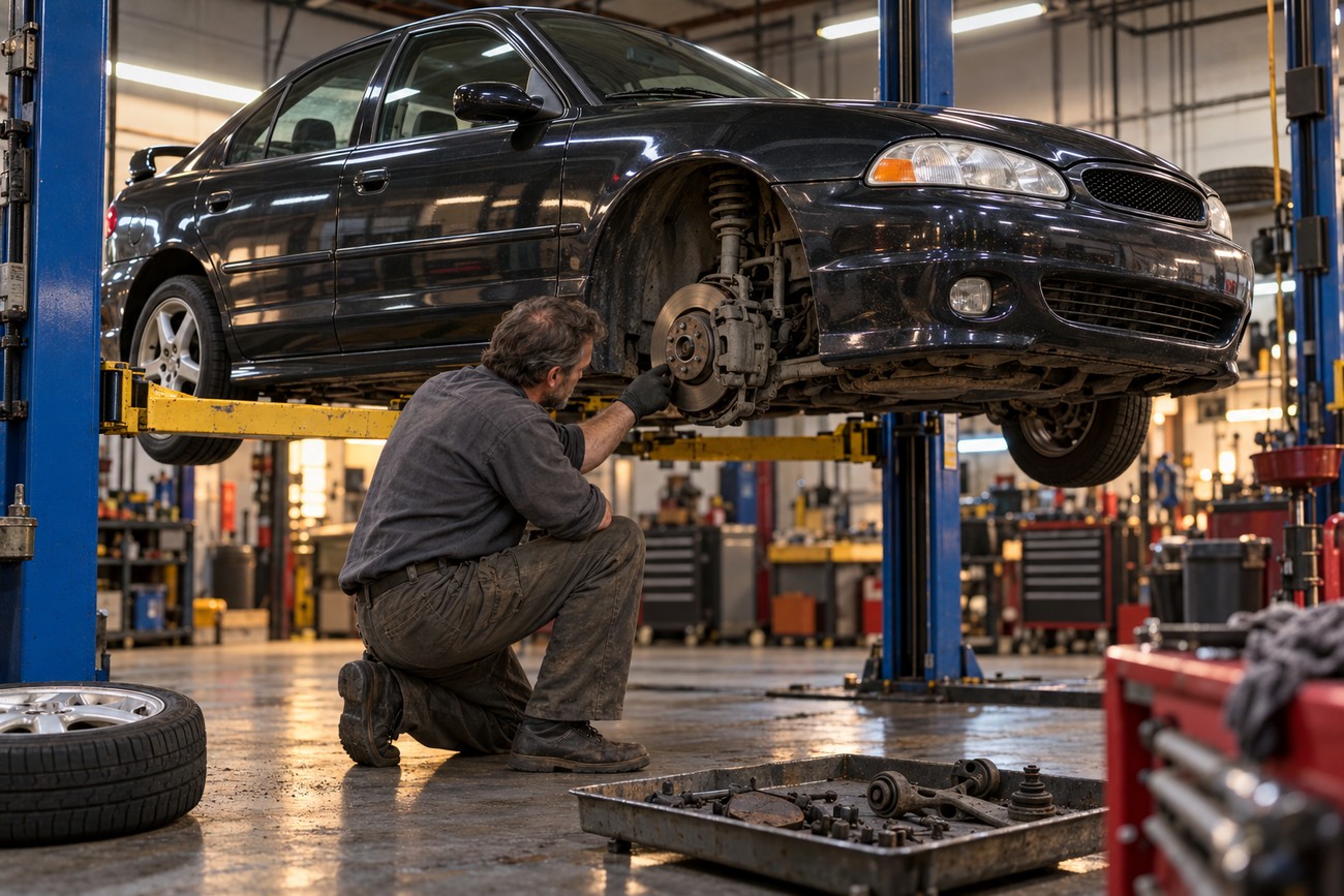 A mechanic kneeling to inspect the front brake and suspension of a Ford Contour SVT sedan on a lift
