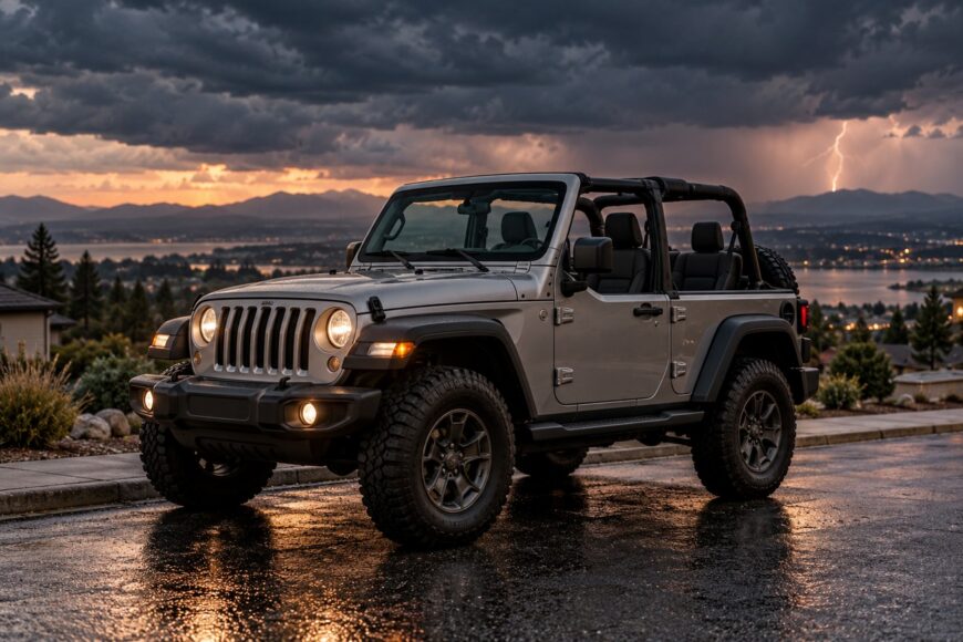 A silver Jeep Wrangler with the soft top removed parked on a wet road under a stormy sky with a lightning strike