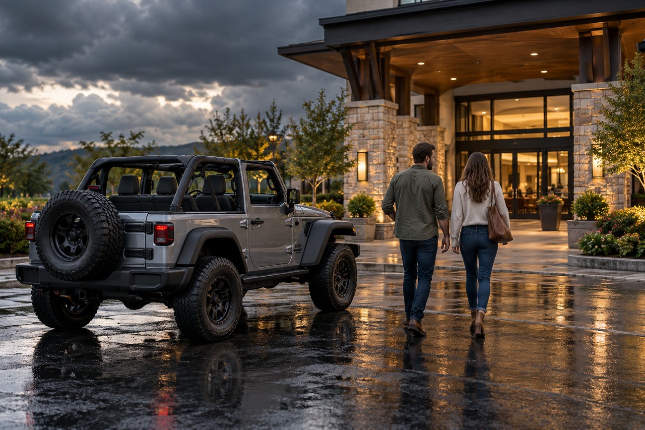A silver Jeep Wrangler with the soft top off parked on a wet pavement near a building while a couple walks toward the entrance