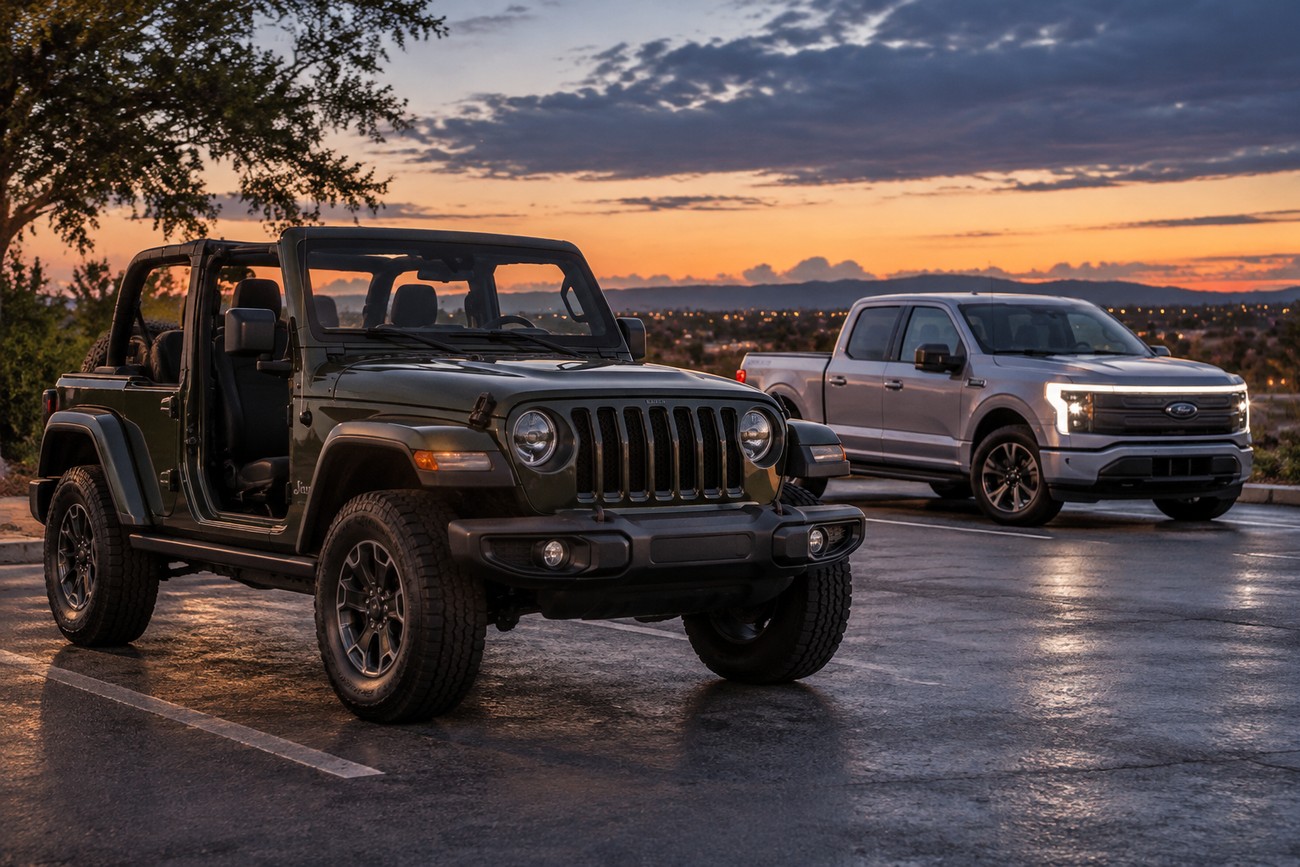A dark green Jeep Wrangler with the soft top off parked next to a silver Ford F-150 Lightning in a parking lot at sunset
