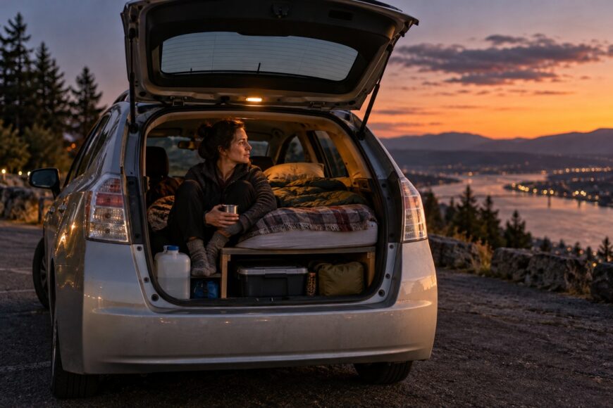 A woman sitting in the back of a customized Toyota Prius camper looking out at a sunset