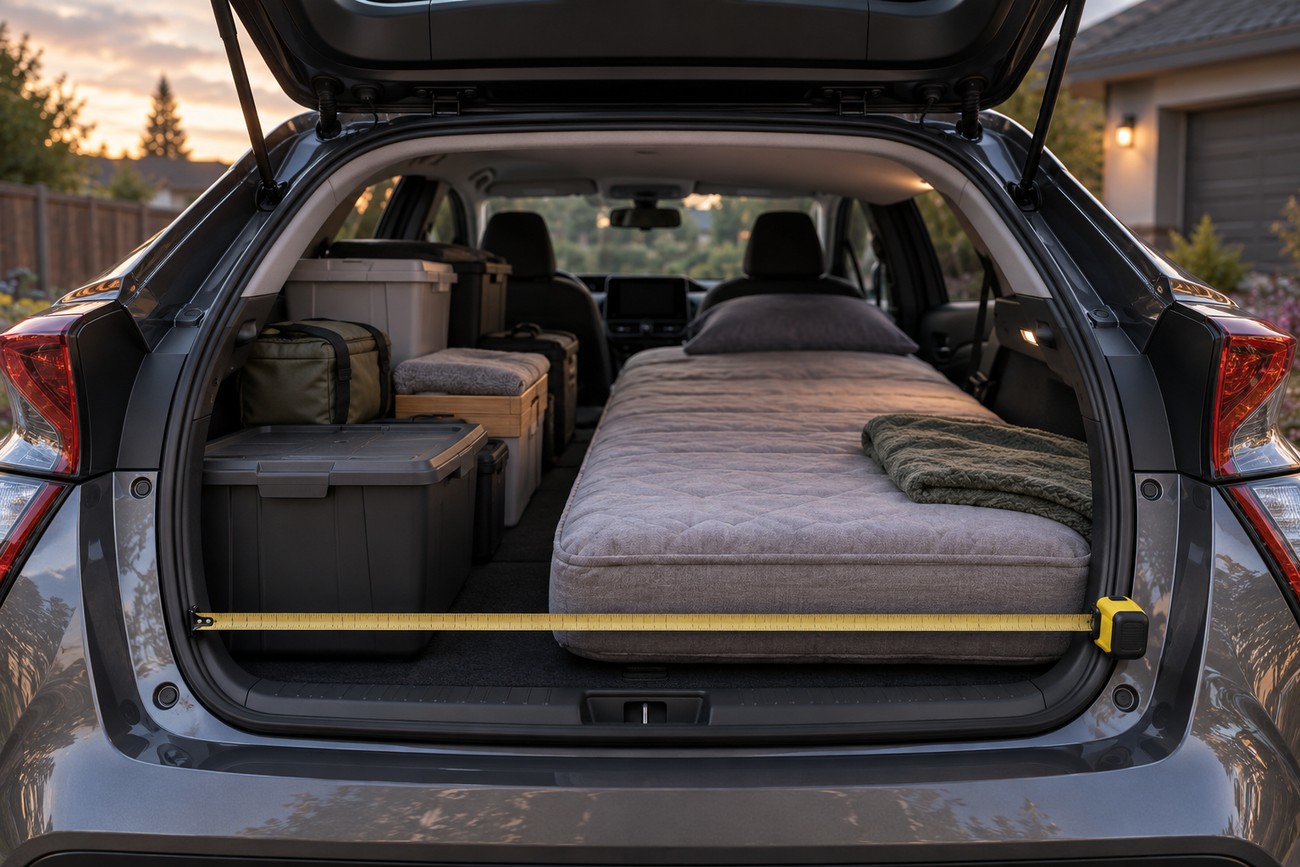 Open trunk of a Toyota Prius showing a folded mattress and storage boxes with a measuring tape across the back
