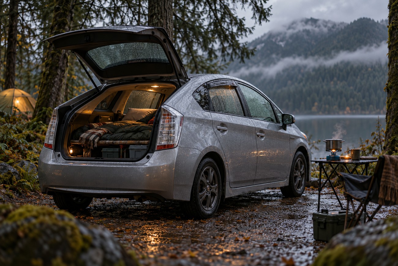 A silver Toyota Prius parked in a rainy forest with its trunk open revealing a cozy sleeping platform and bedding inside