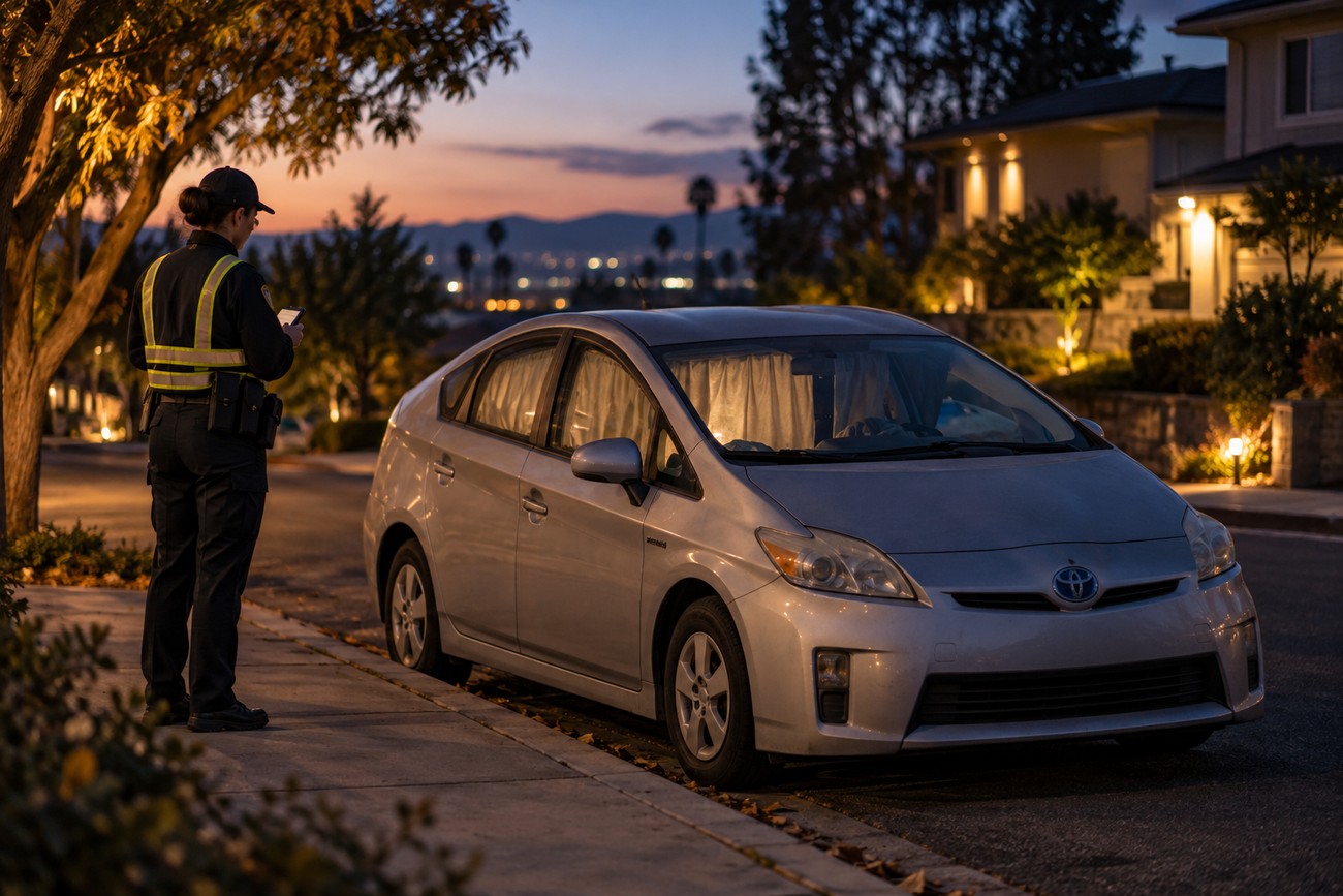 A police officer in uniform stands on the sidewalk at dusk looking at a silver Toyota Prius with window curtains parked on a suburban street