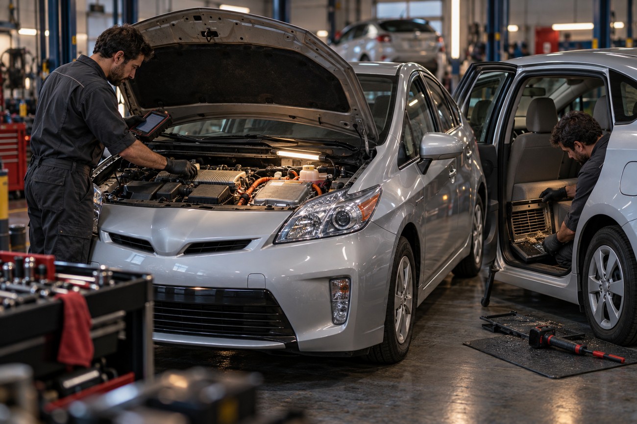 A mechanic working on the engine and interior of a silver Toyota Prius in a repair shop