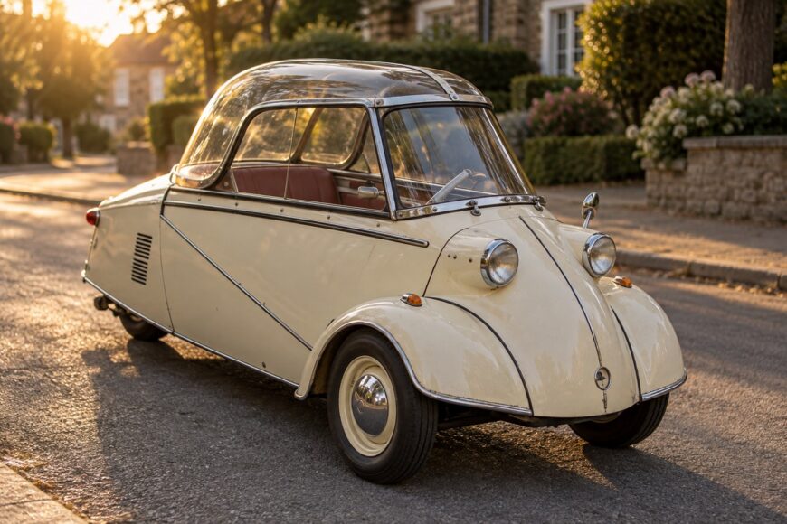 A vintage cream-colored Messerschmitt KR200 bubble car parked on a quiet residential street at sunset