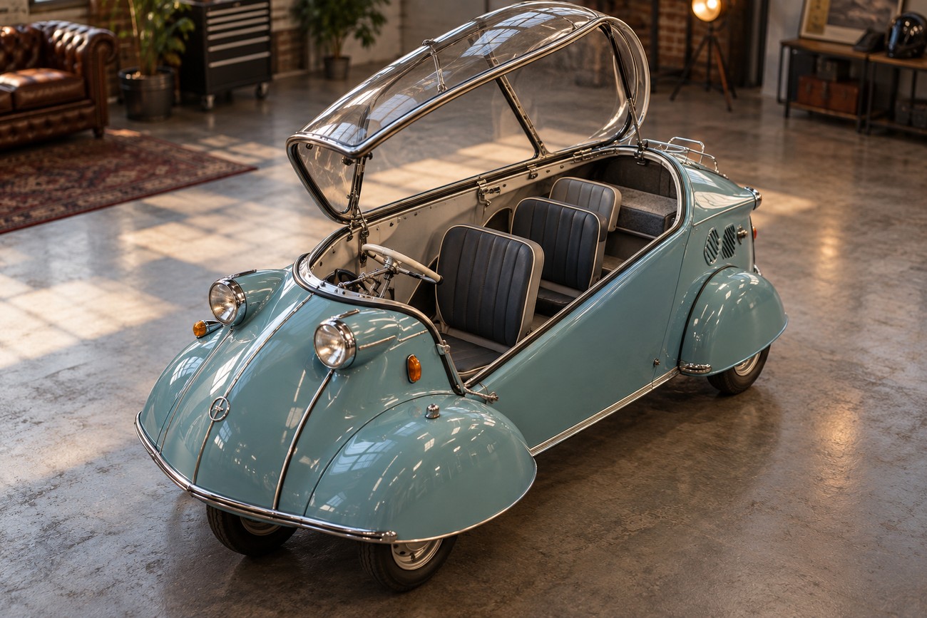 Light blue Messerschmitt KR200 bubble car with its panoramic canopy open parked inside a large industrial garage