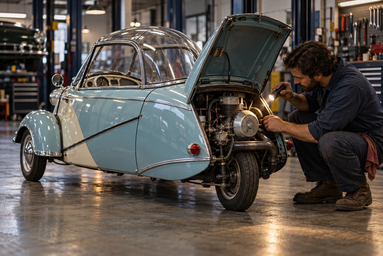 A mechanic inspecting the engine of a vintage light blue Messerschmitt KR200 bubble car with a flashlight in a garage