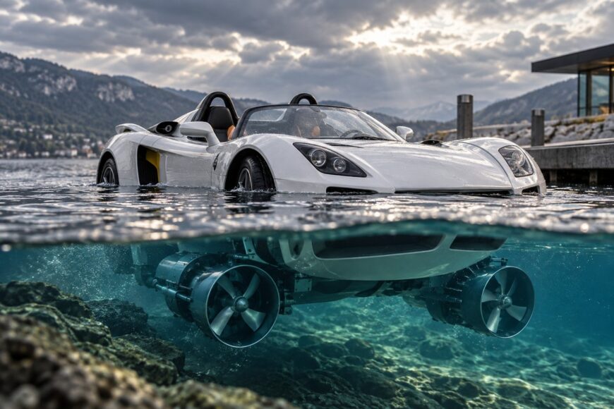The white Rinspeed sQuba concept car floats in a lake with underwater thrusters visible beneath the water surface