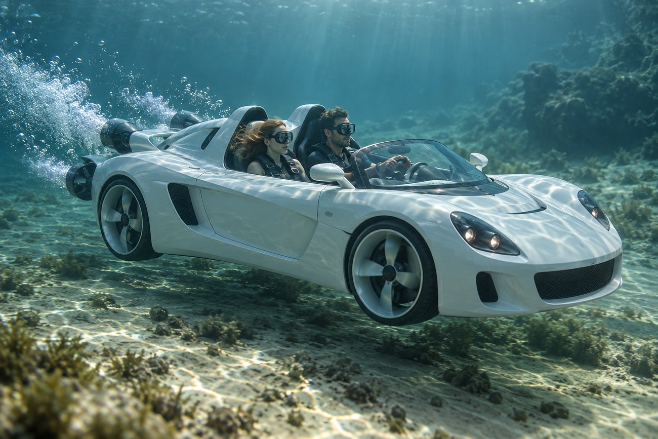 Two people wearing scuba masks driving a white Rinspeed sQuba submersible car underwater above a sandy seabed