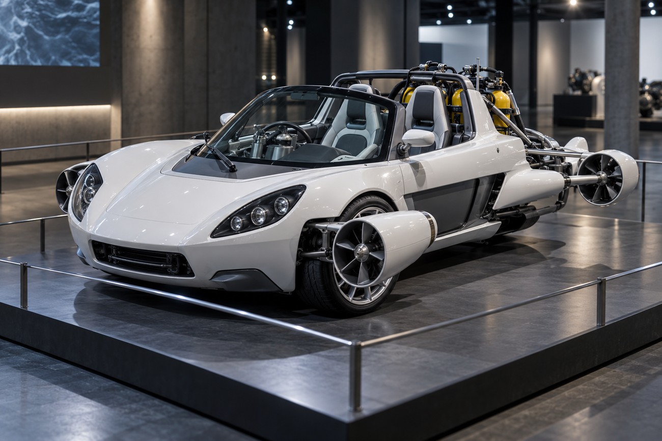 White Rinspeed sQuba submersible concept car with propellers and scuba tanks on display in a modern exhibition hall