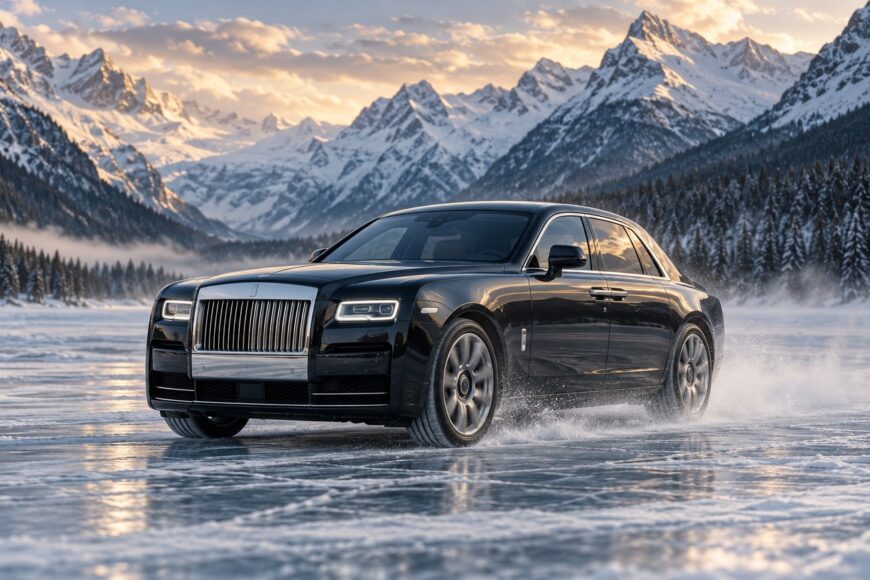 Black Rolls-Royce Ghost drifting on the icy surface of Lake Louise with snowy mountains in the background