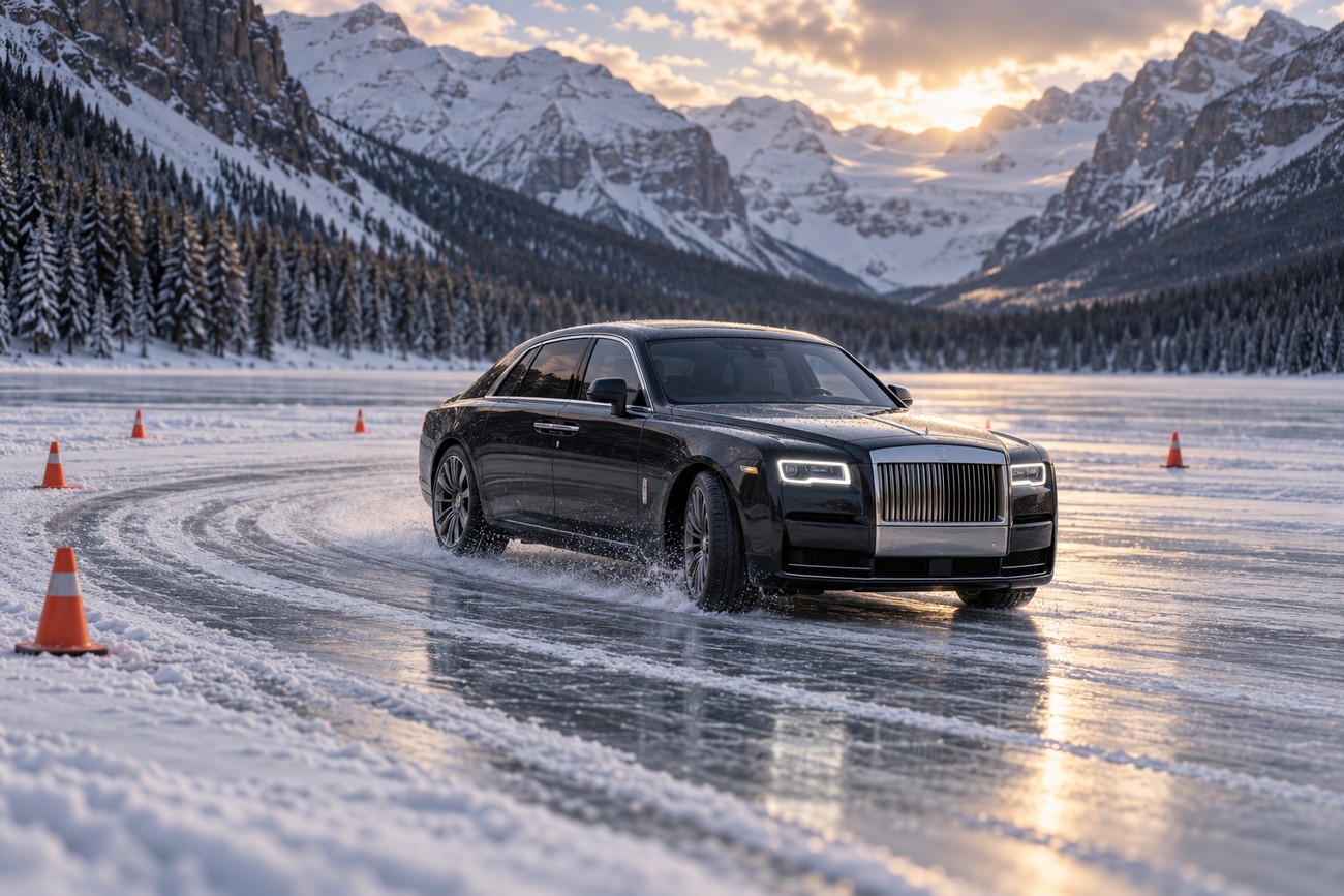 A luxury black Rolls-Royce Ghost driving on the frozen ice track of Lake Louise surrounded by snow-capped mountains and pine trees