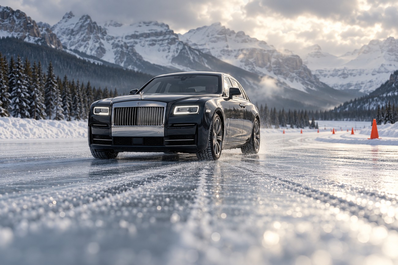 A black Rolls-Royce Ghost driving on a frozen ice track on Lake Louise with snowy mountains in the background