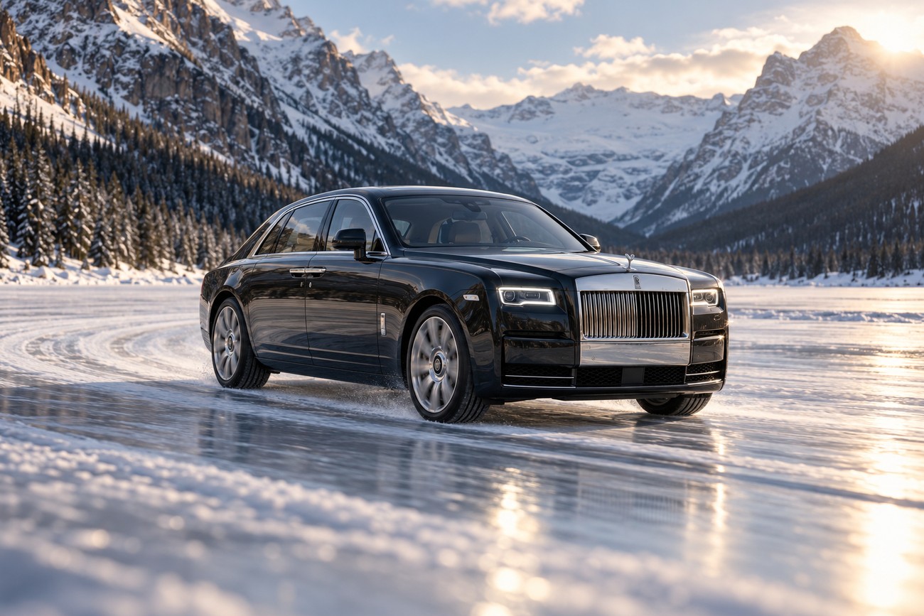 Black Rolls-Royce Ghost drifting on the icy surface of Lake Louise with snowy mountains in the background