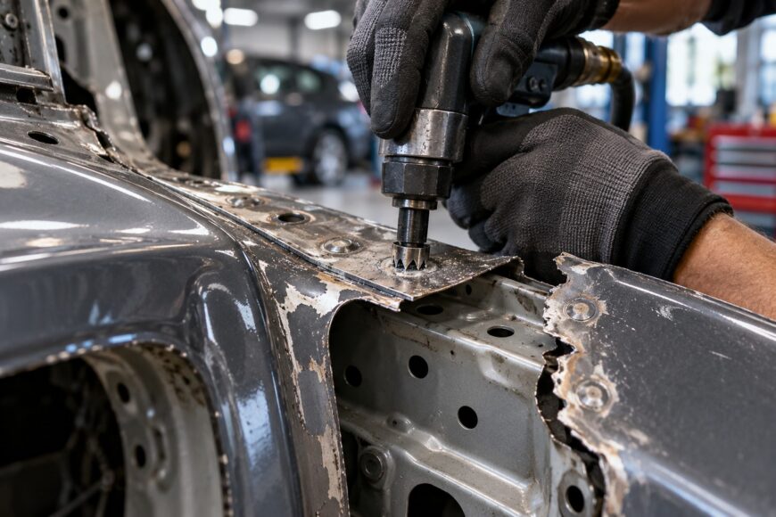 Mechanic wearing work gloves using a spot weld drill to remove a car body panel in an auto repair shop