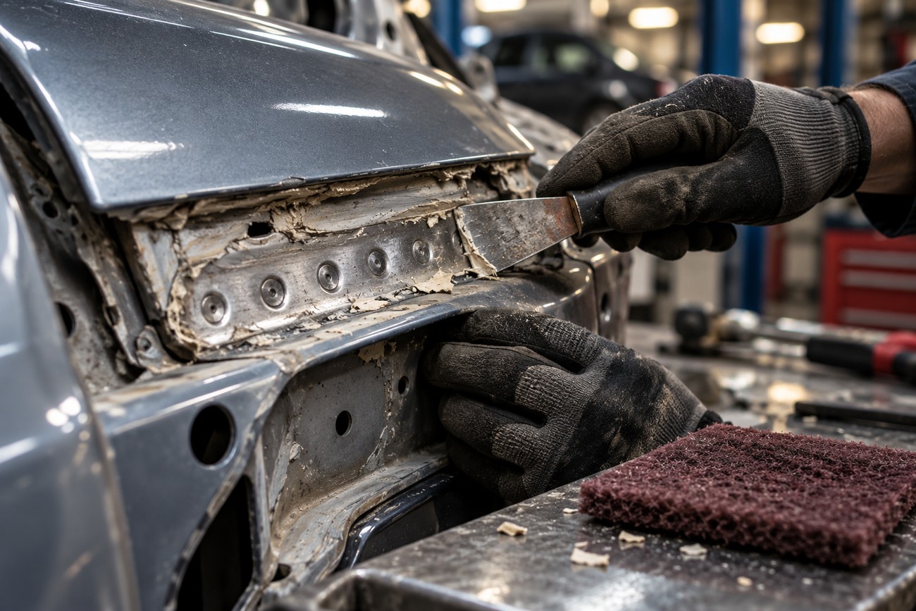 A mechanic in gloves uses a scraper to clean old seam sealer from metal car body panels in a workshop