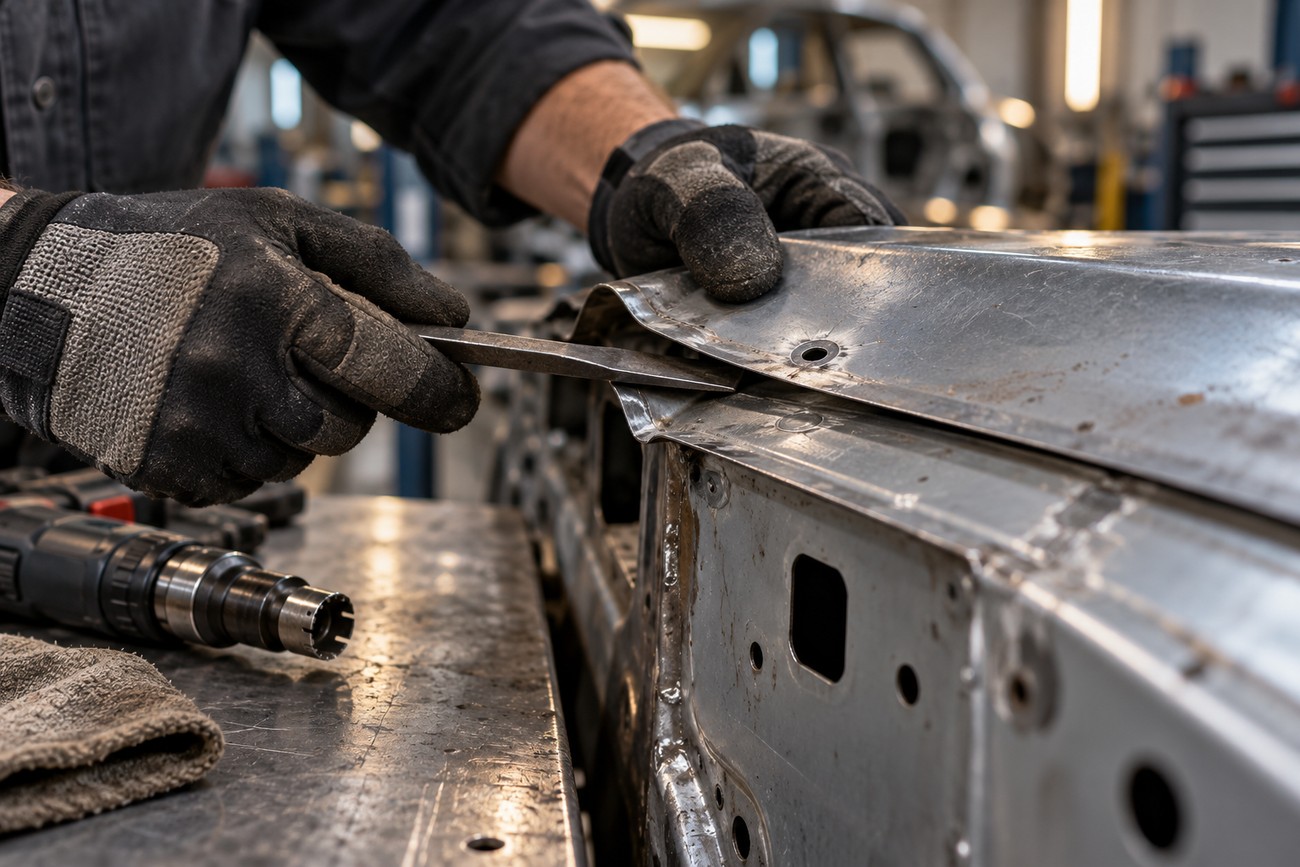 Mechanic wearing work gloves using a chisel to pry apart metal car panels during spot weld removal