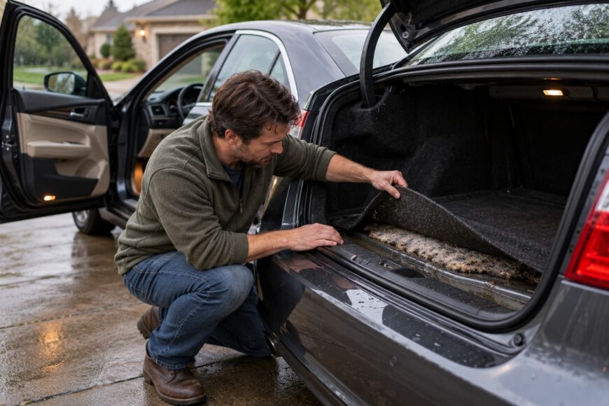 Man inspecting the trunk of a used car by lifting the carpet to check for flood damage