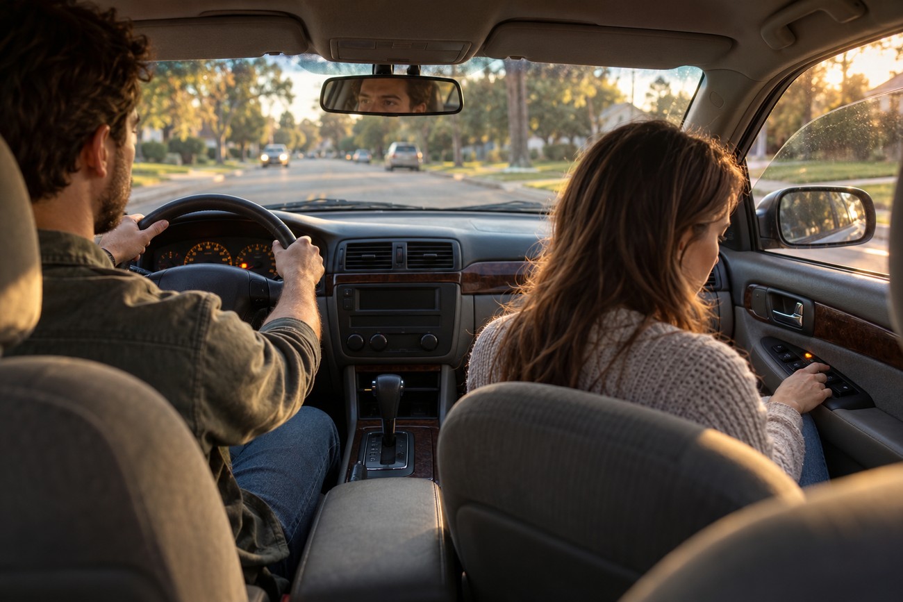 Man driving a used car while a woman tests the electronic window controls on the passenger door during a test drive