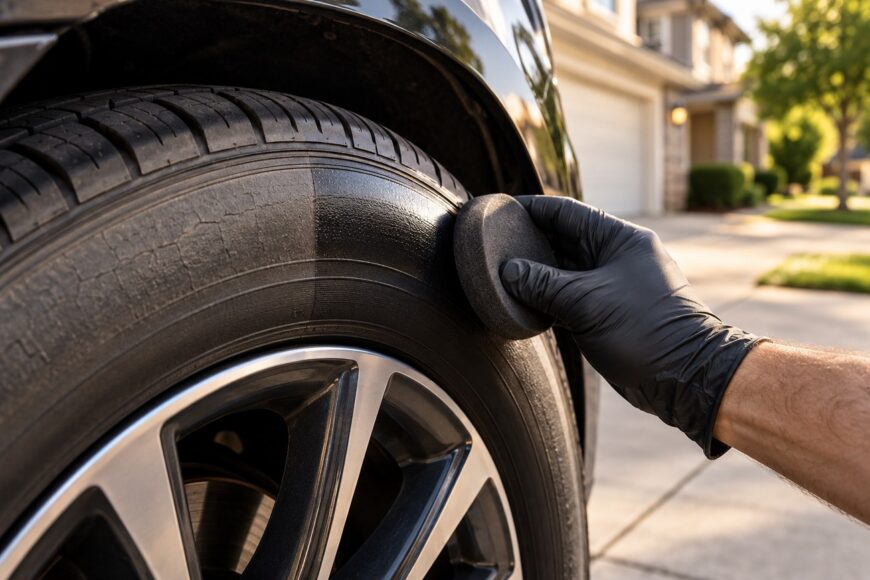 A person wearing black gloves applies tire shine with a sponge to a car tire outdoors
