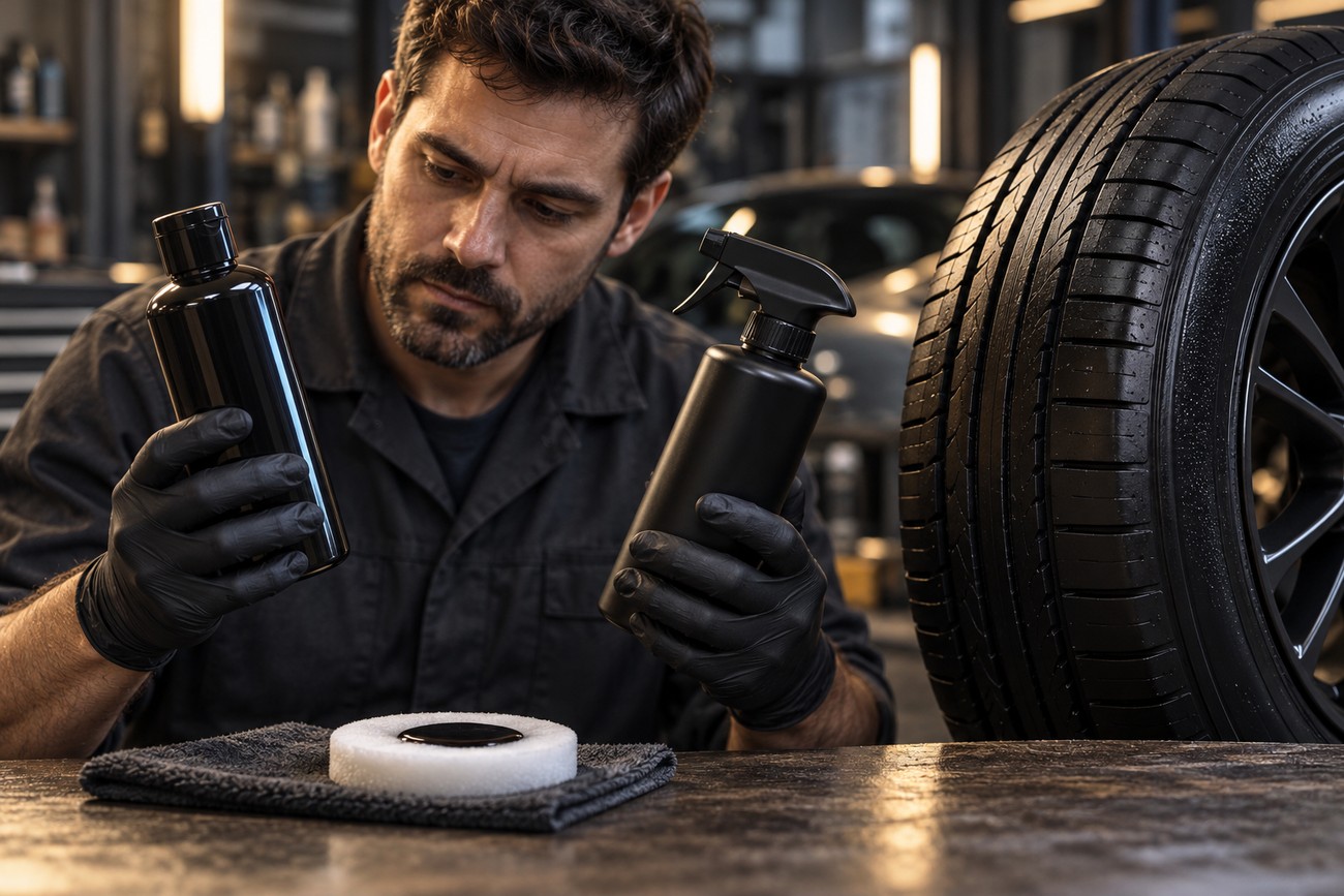 A mechanic in black gloves holding tire shine bottles in a workshop next to a car tire