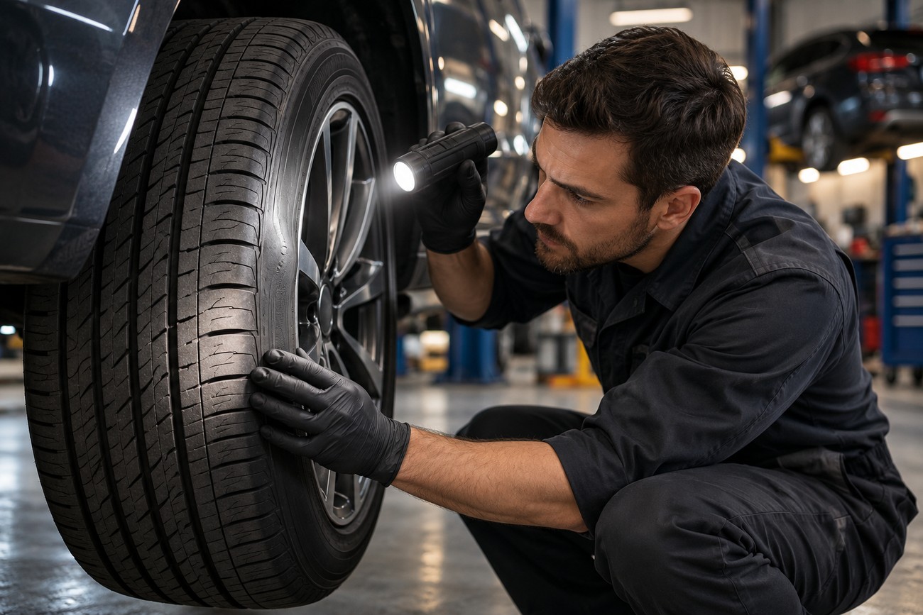 A mechanic wearing black gloves inspects a car tire with a flashlight in a garage