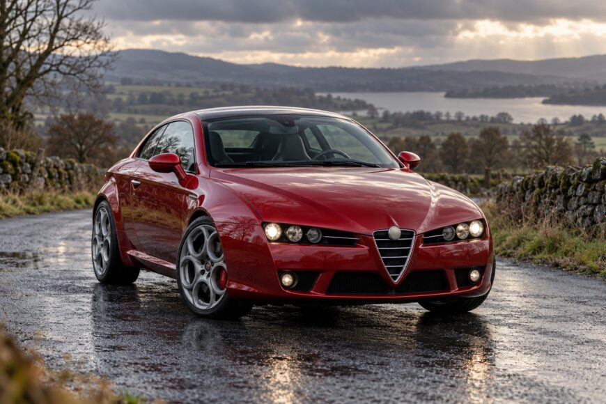 A red Alfa Romeo Brera S coupe parked on a wet country road with a scenic lake and hills in the background