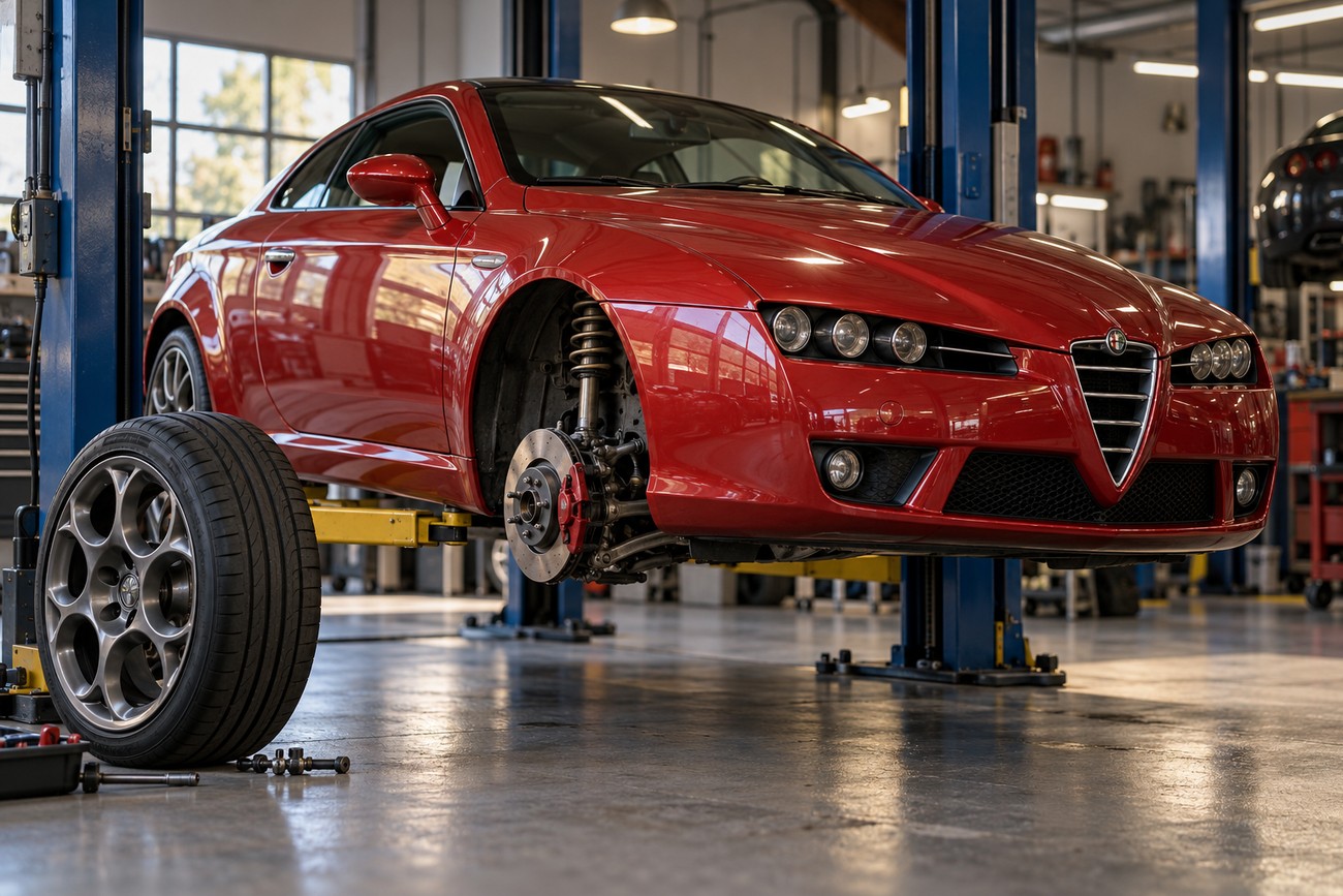Red Alfa Romeo Brera S coupe raised on a workshop lift with front wheel detached