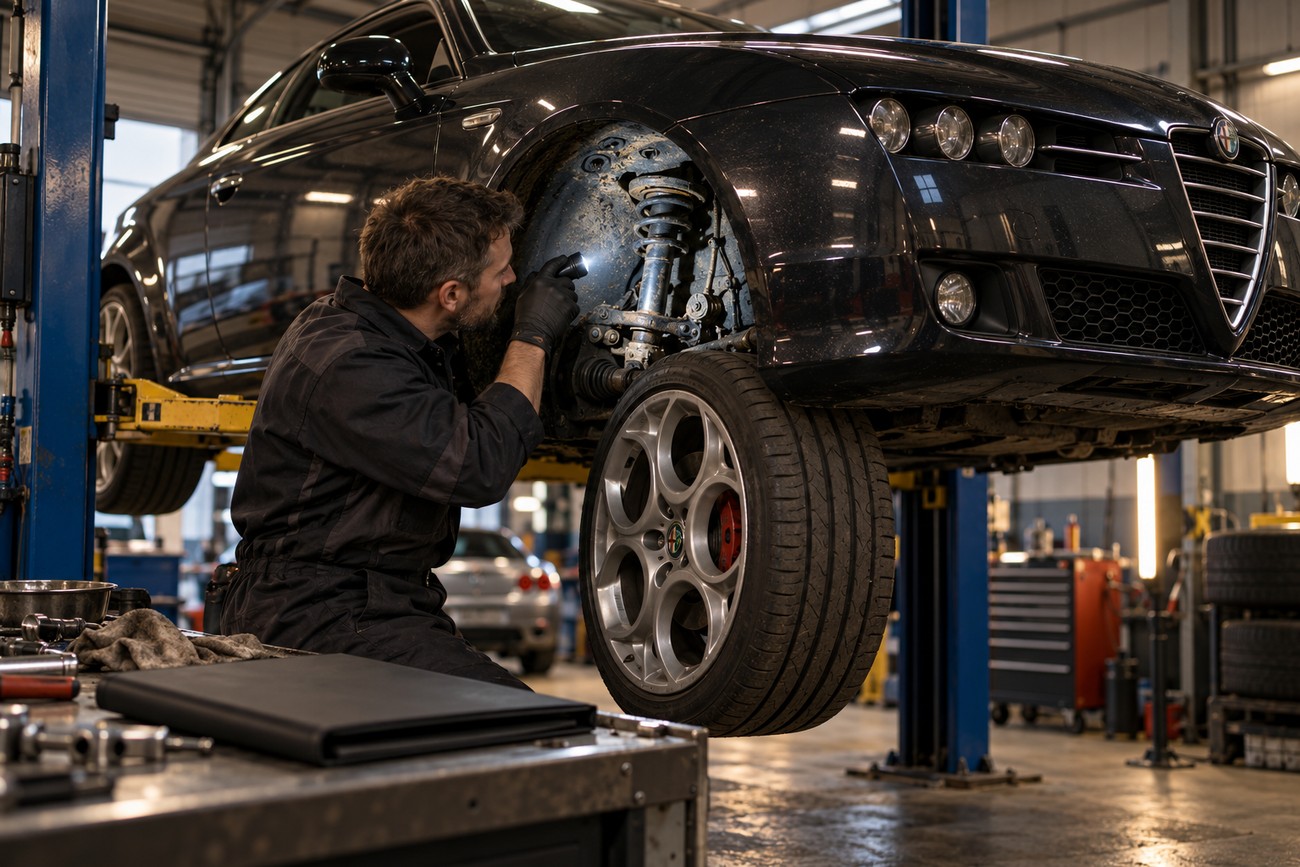 Mechanic using a flashlight to inspect the Prodrive-tuned suspension of a black Alfa Romeo Brera S on a lift
