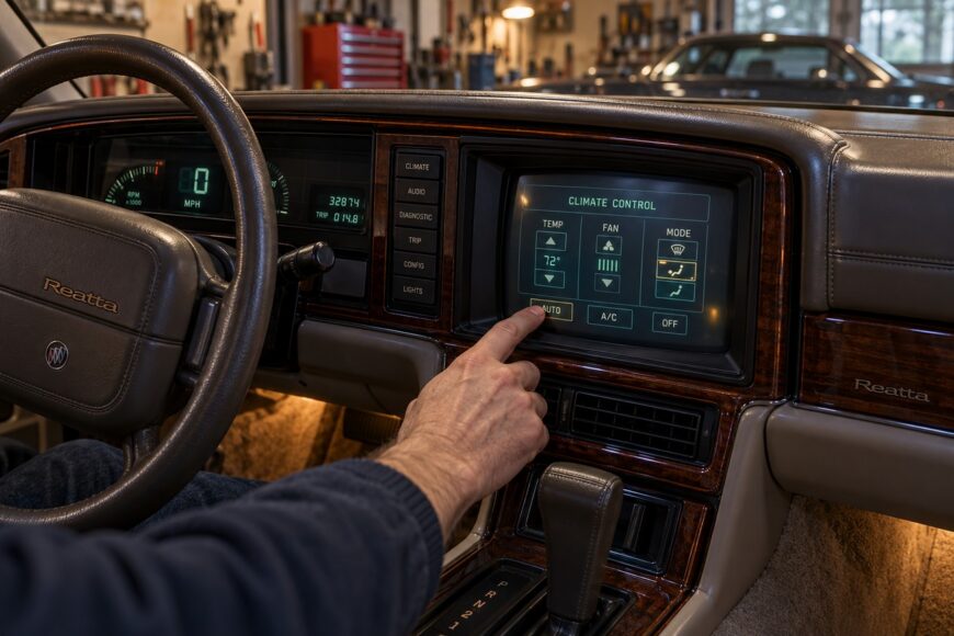 A driver pressing the auto button on the vintage touchscreen climate control system of a 1988 Buick Reatta