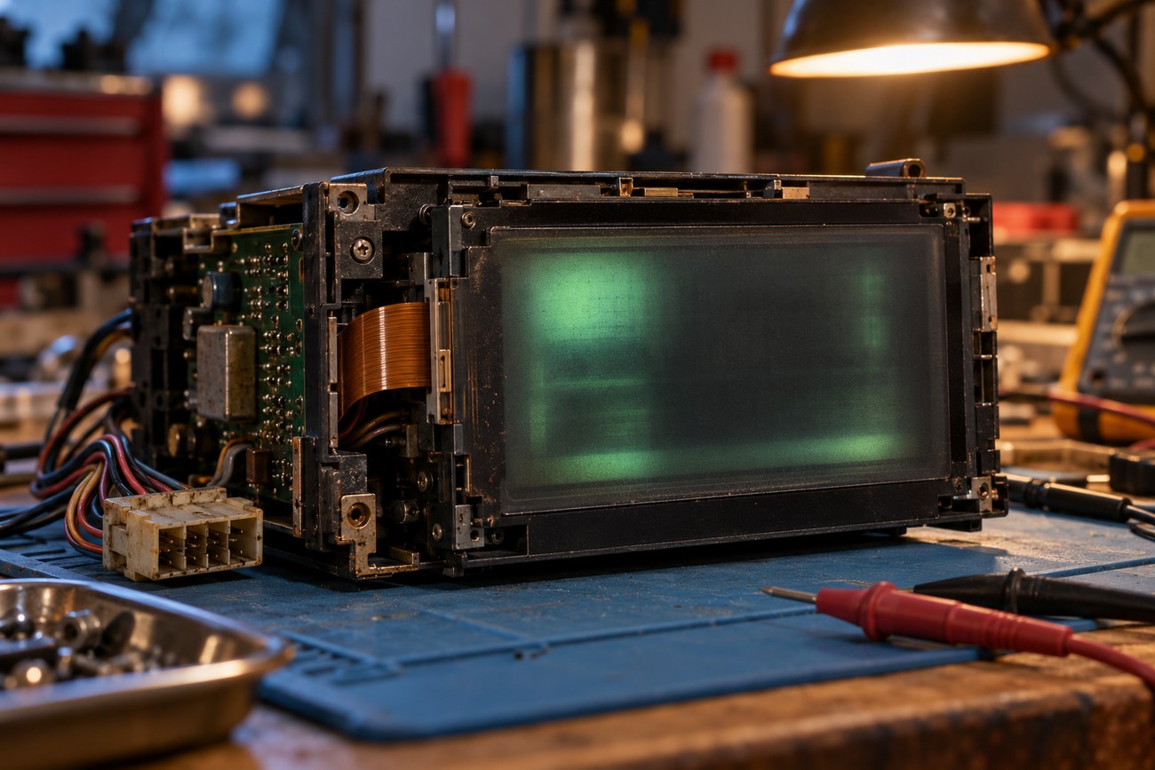 Disassembled 1988 Buick Reatta touchscreen control unit with a green CRT screen on a workbench with repair tools