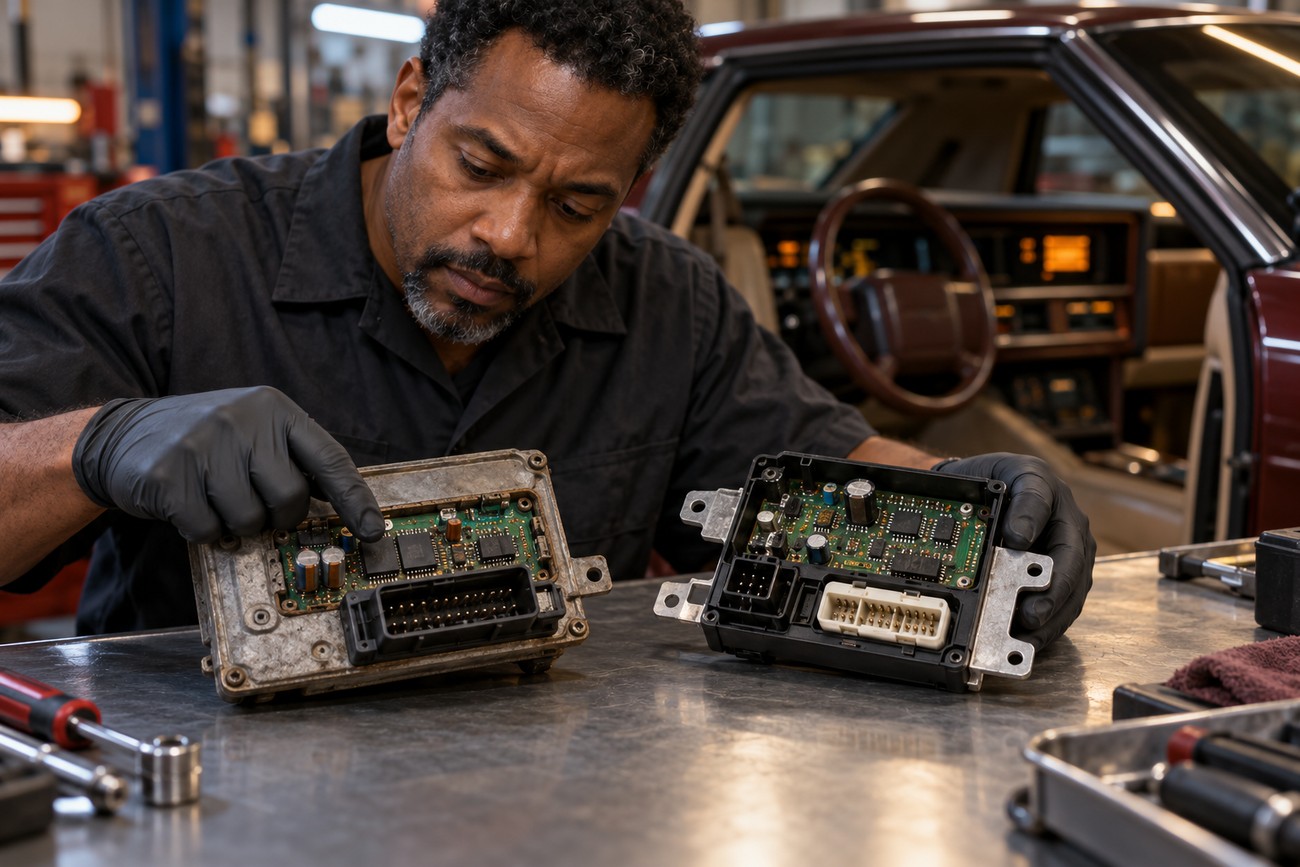 A mechanic wearing gloves examines electronic control boards from a 1988 Buick Reatta at a workbench